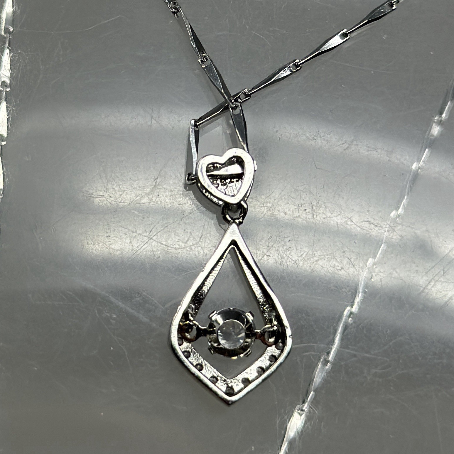 Vintage 925 Sterling Silver Love Drop Dancing Solitaire Crystal Pendant Necklace