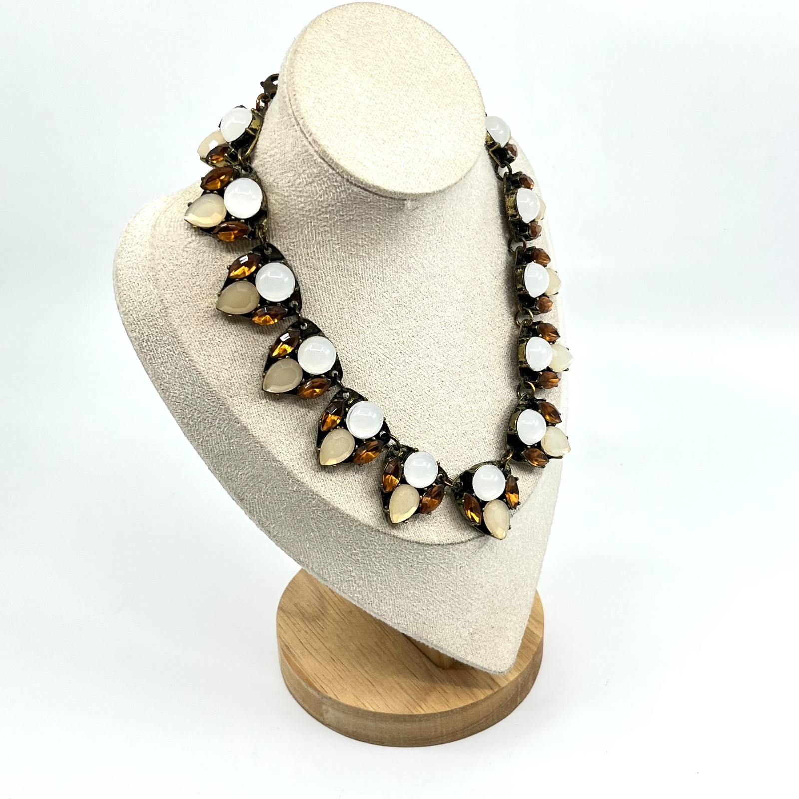 VTG Antique Gold Tone Multi-Stone Statement Collar Necklace Amber Cream White