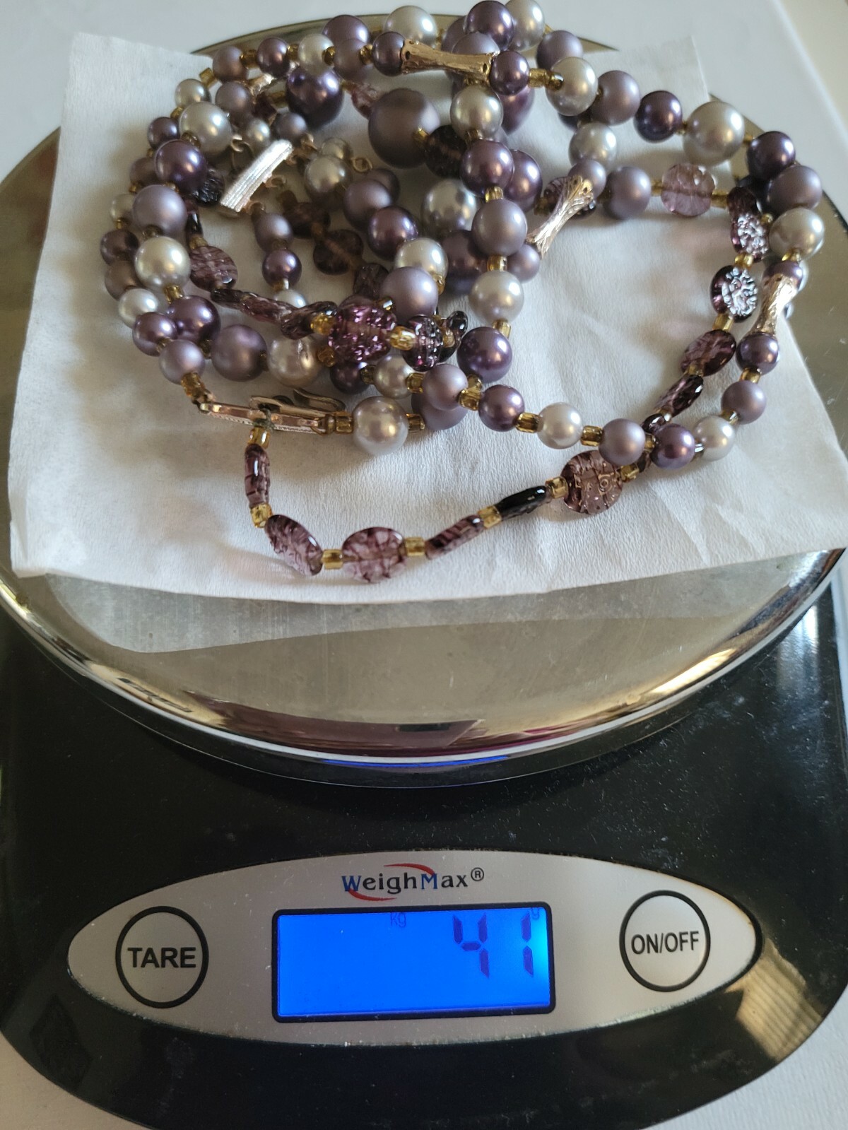 A lovely Japan lilac and grey pearls with purple glass discs necklace