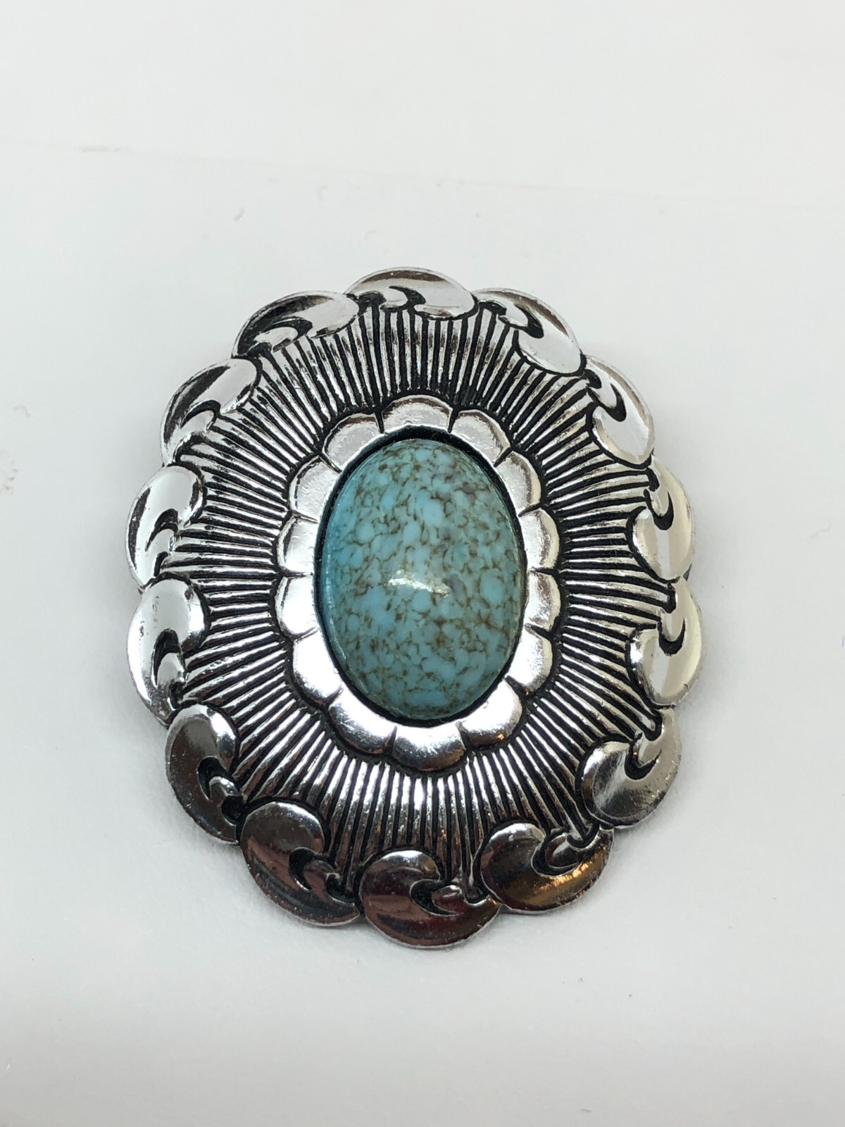 Vtg West Germany Scarf Clip Faux turquoise Oval cabochon Silver Tone signed