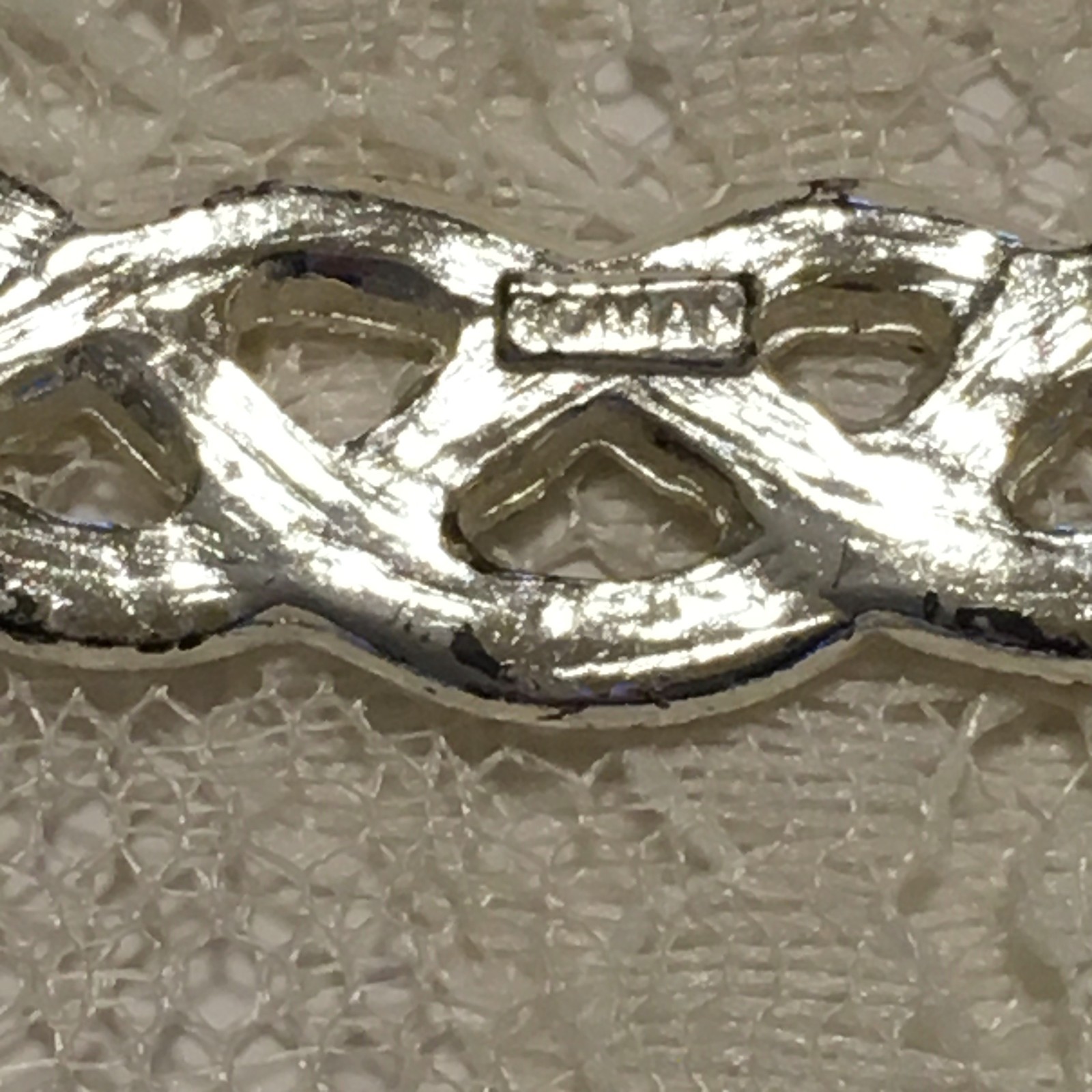 Vintage Interwoven Curved Pendant Necklace Roman signed Rhinestones Silver tone