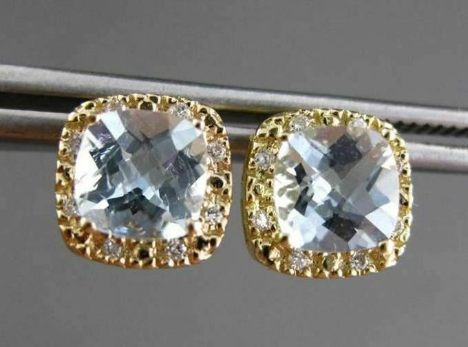 ESTATE 1.88CTW DIAMOND & AAA AQUAMARINE 14KT YELLOW GOLD SQUARE HALO EARRINGS