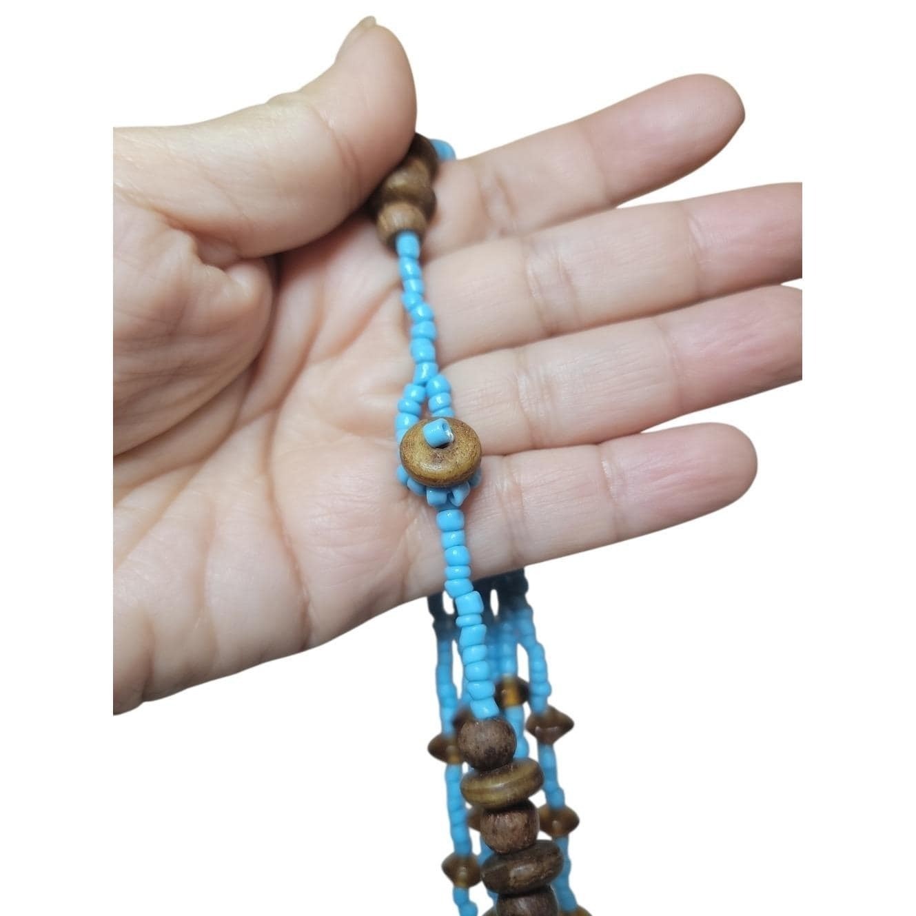 Vintage Blue Seed Bead Multi Strand Necklace Amber Glass Wood Bead Boho 34