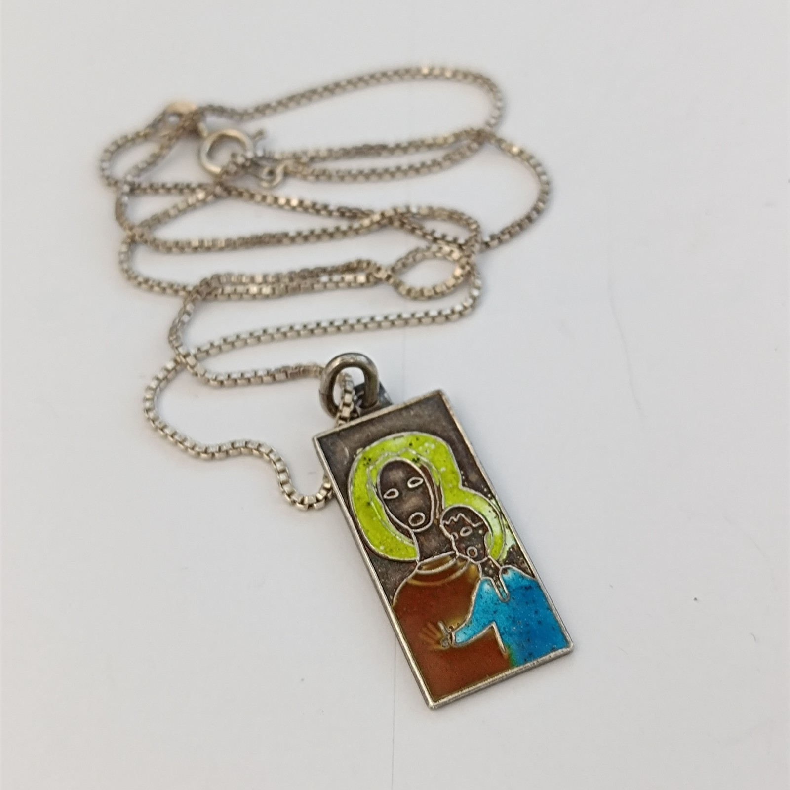 VTG 950 Silver Enamel Necklace Modernist Woman Child Artisan Abstract Pendant