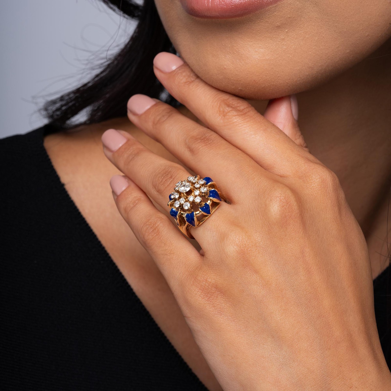 Vintage Mid-Century Royal Blue Enamel & Diamond Bombè Cocktail Ring