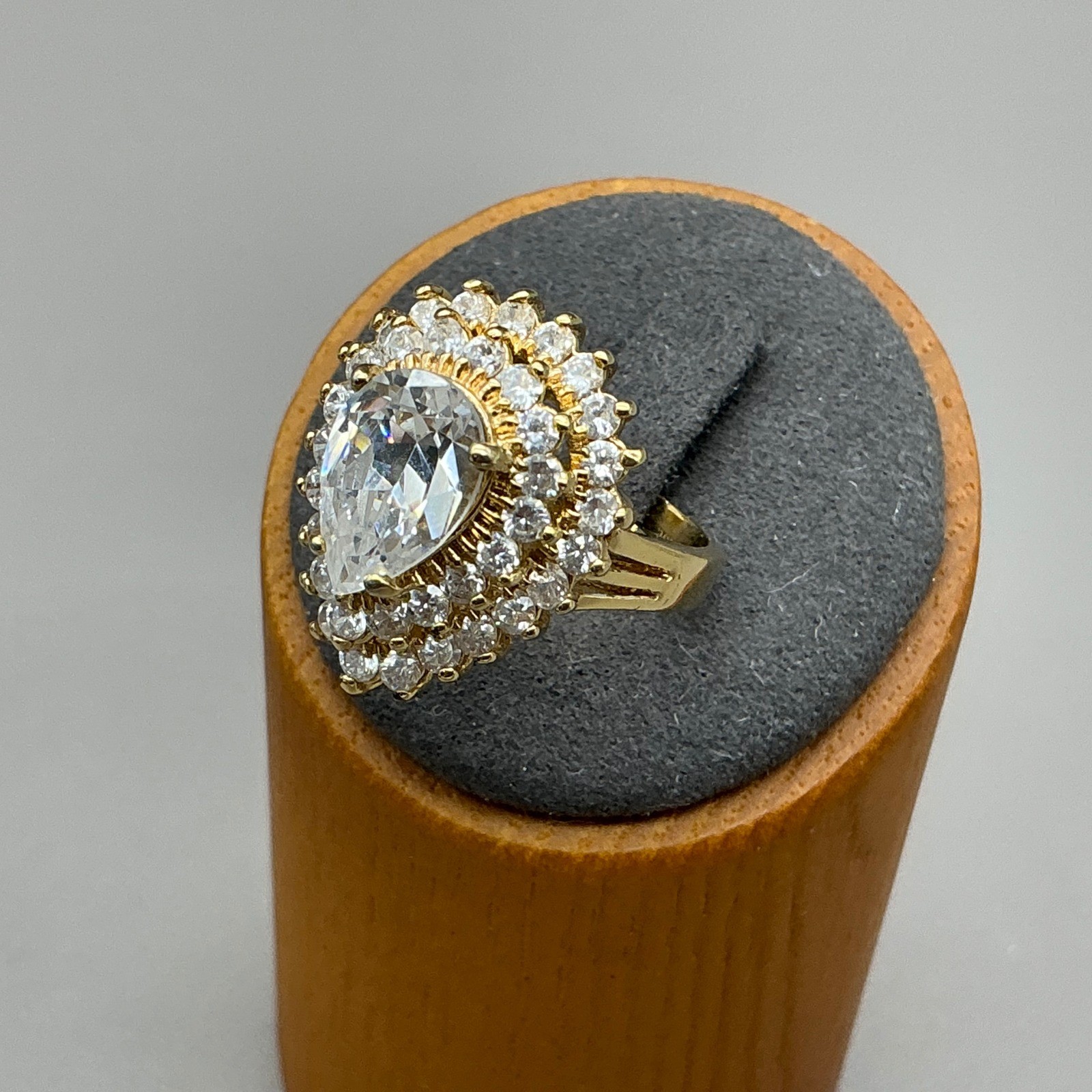 Vintage Lind Ring Womens Gold Plated Pear Cut CZ Triple Halo 14K HGE Size 7.5