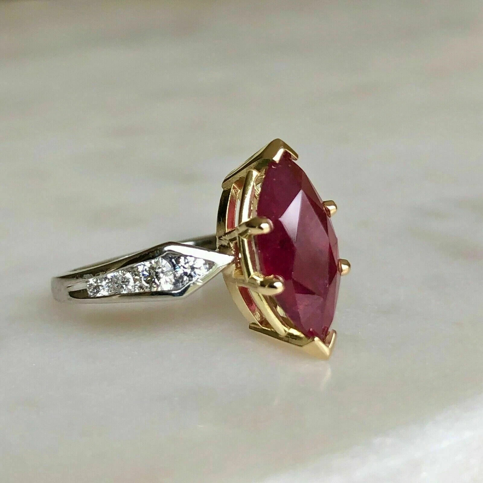 Art Deco Marquise Cut Ruby Lab Created Diamond 14K White Gold FN Engagement Ring
