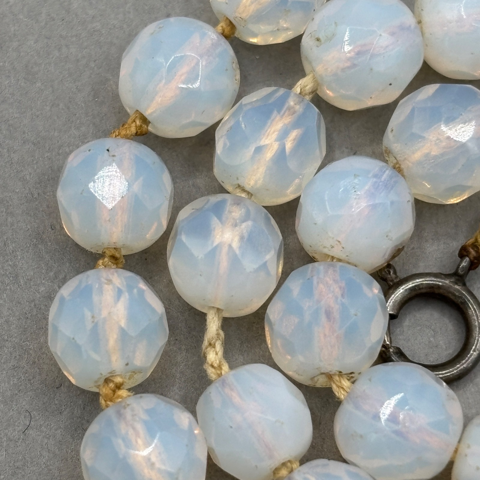 Vintage Opaline Opalite Beaded Necklace Faceted Art Glass Hand Knotted 18″