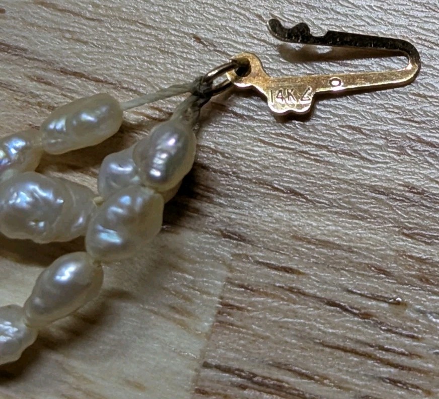 Vintage Freshwater Rice Pearl Marked “14K stamp” Gold Spacers 3-Strand Necklace