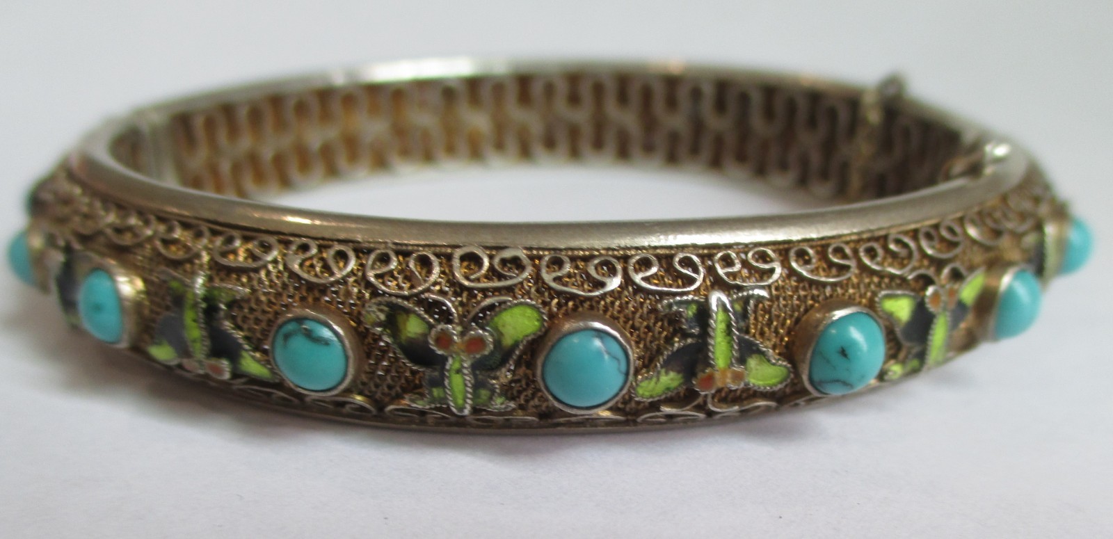 VINTAGE CHINESE STERLING SILVER ENAMEL TURQUOISE HINGED BANGLE BRACLET EXPORT