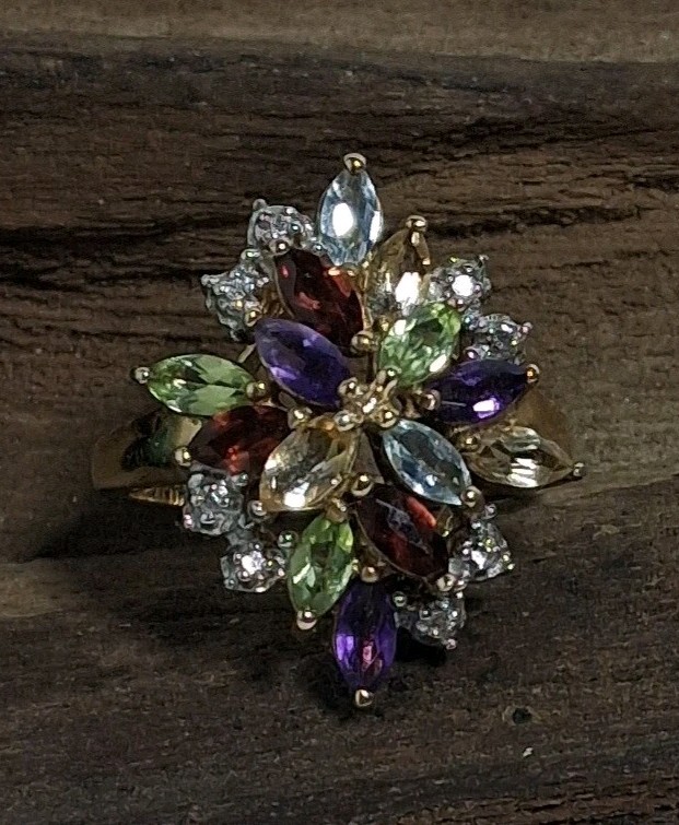 925 Silver Amethyst Peridot Garnet & Topaz Cocktail Ring Fruit Salad Sz 6.5