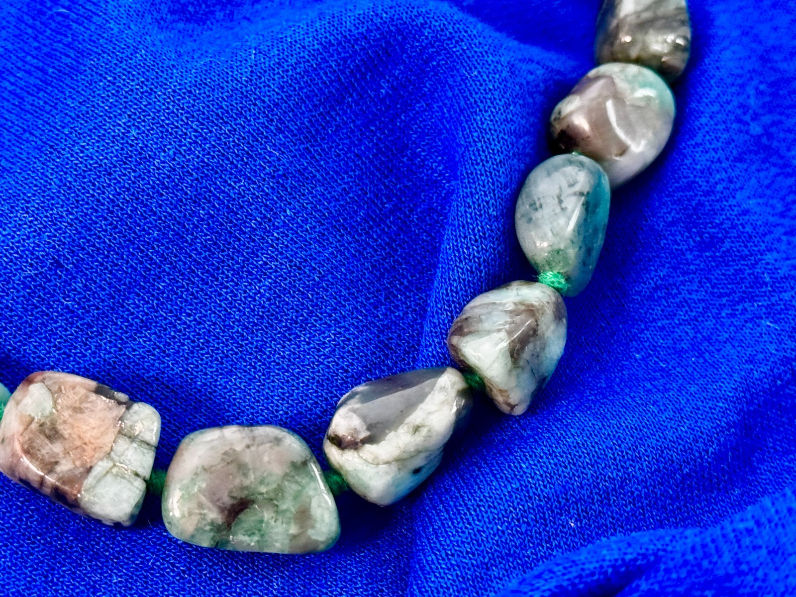 Vintage Chinese Natural Green Jade Beaded Necklace: Tumble Stone Strand 15”