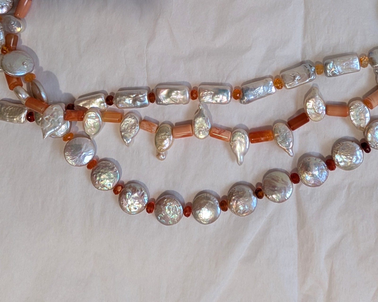 Estate 3 Strand Baroque Pearl Coral Carnelian Necklace w/925 Silver Clasp 20 in.