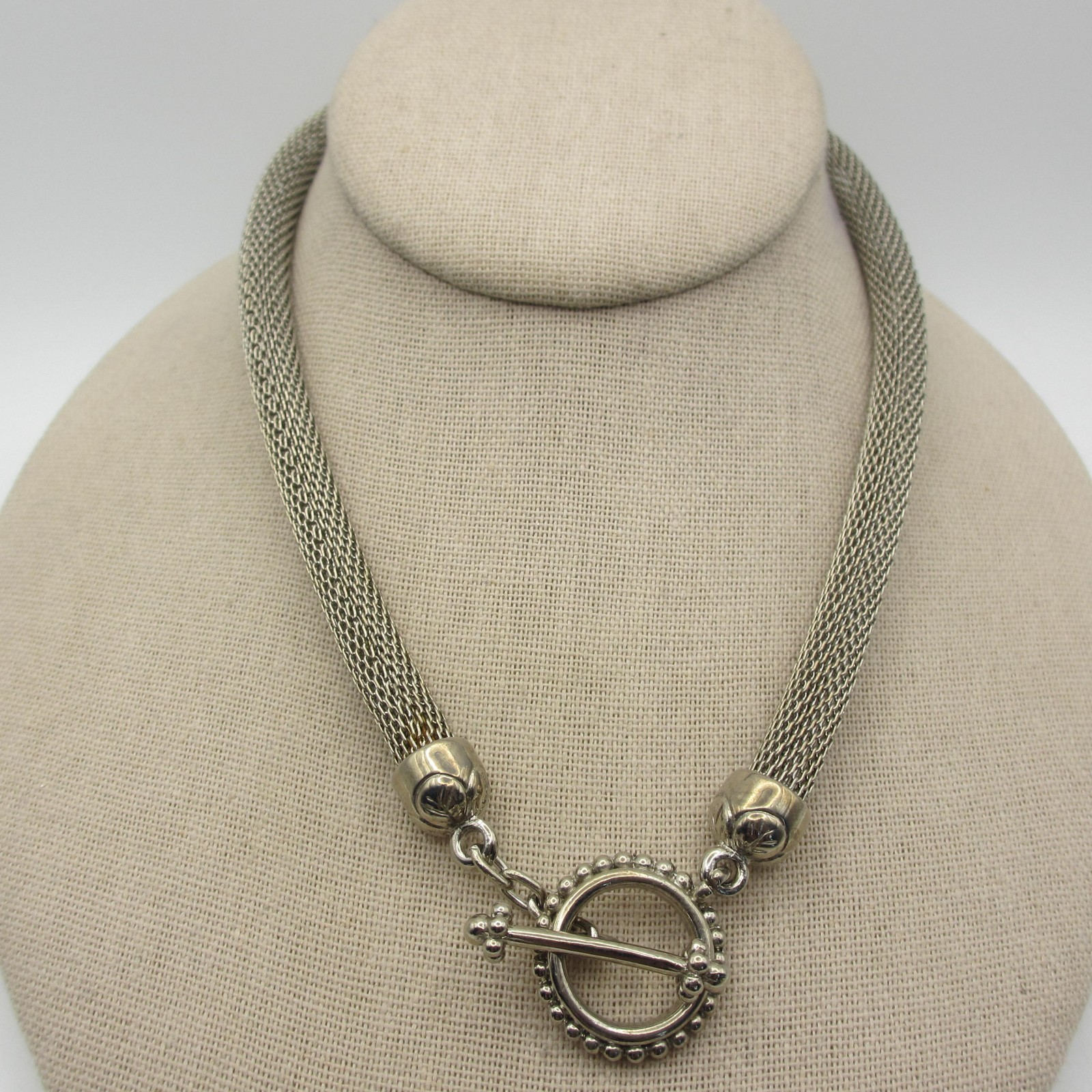 Vintage Mesh Necklace Toggle Clasp Silver Tone Choker 16 Inch