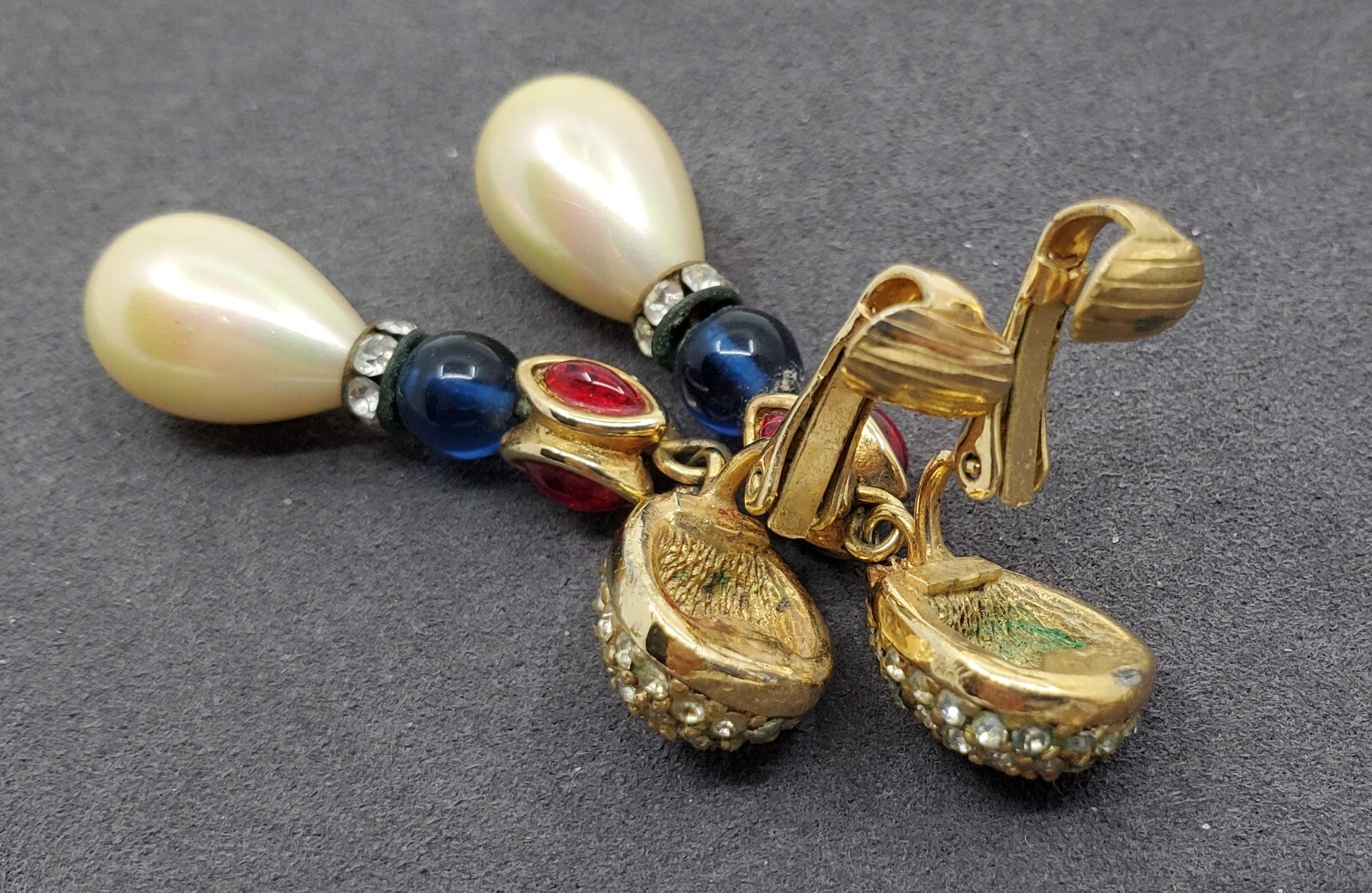 Christian DIOR VTG Gold Ruby Red Blue Glass Cabochons Faux Pearl Dangle Clip On