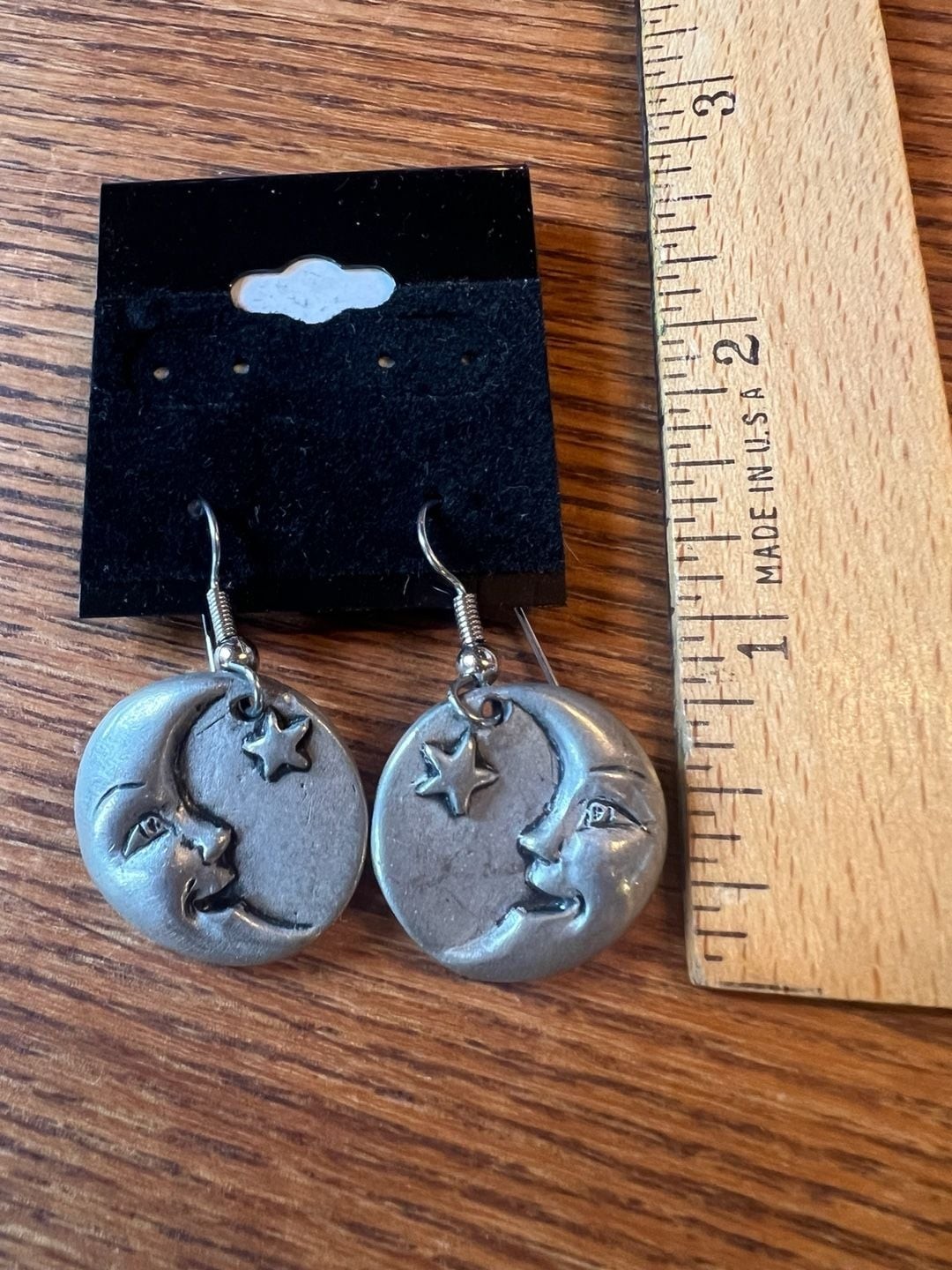 Vintage 1994 Gillis Pewter Celestial Moon and Star Dangle Earrings