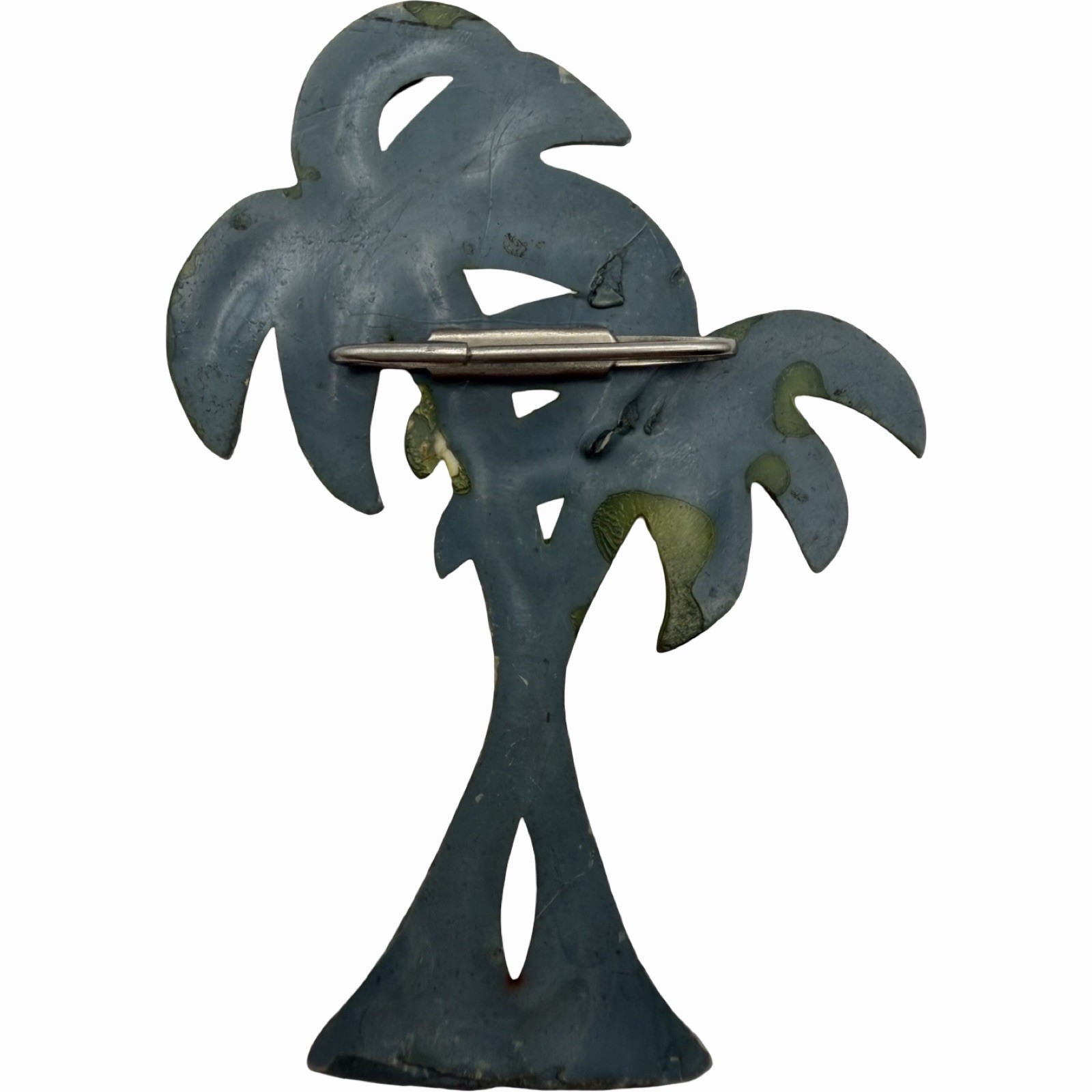 Vintage Celluloid Palm Tree Brooch Tropical Green Brown Figural Pin