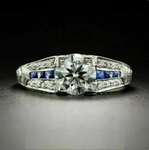 Art Deco Style Milgrain Lab Created Diamond Engagement 14K White Gold FN Ring