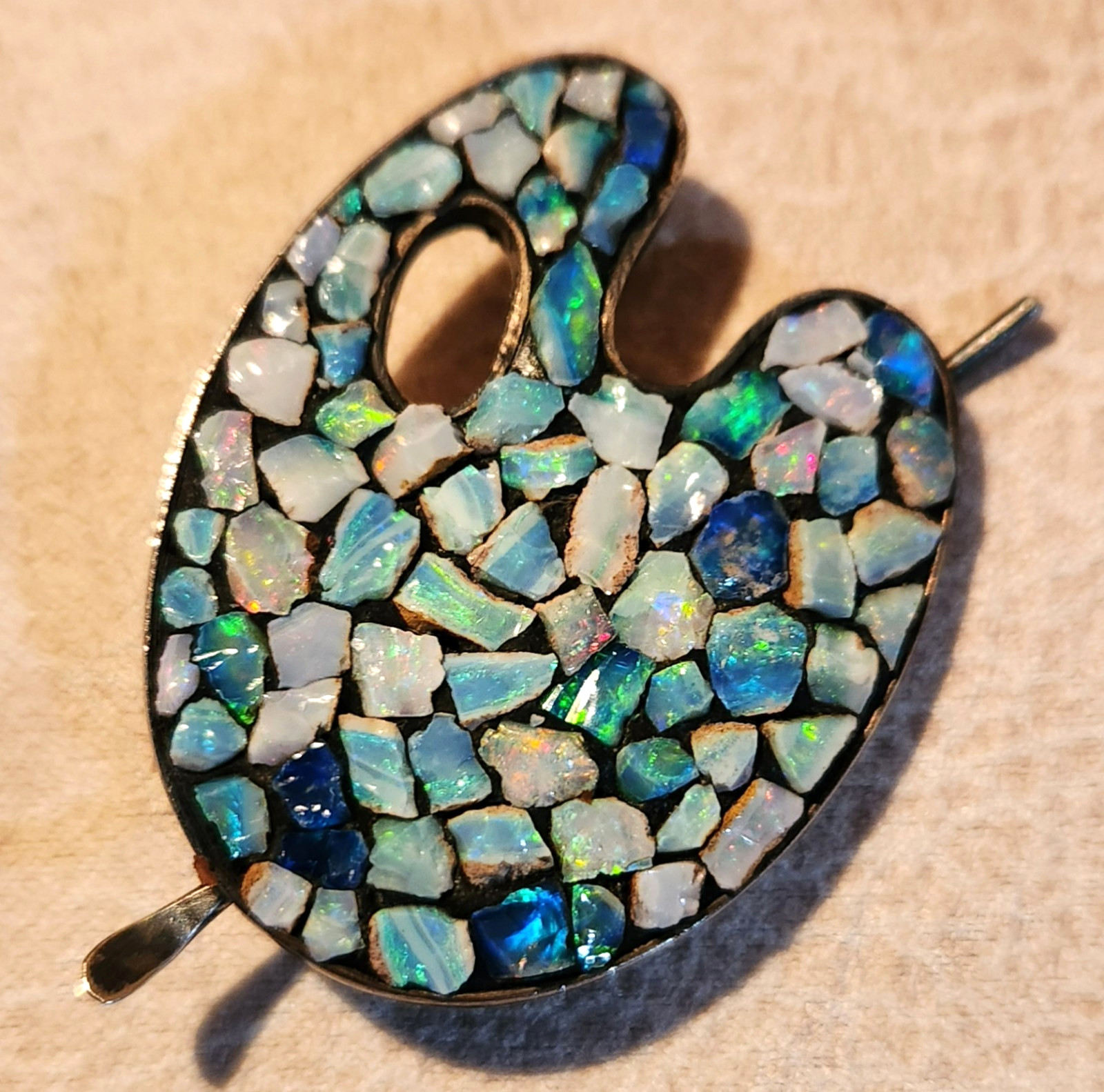Vintage Scandia Opal Chip Sterling Silver Artist Palette Brooch Australia 1 3/4″