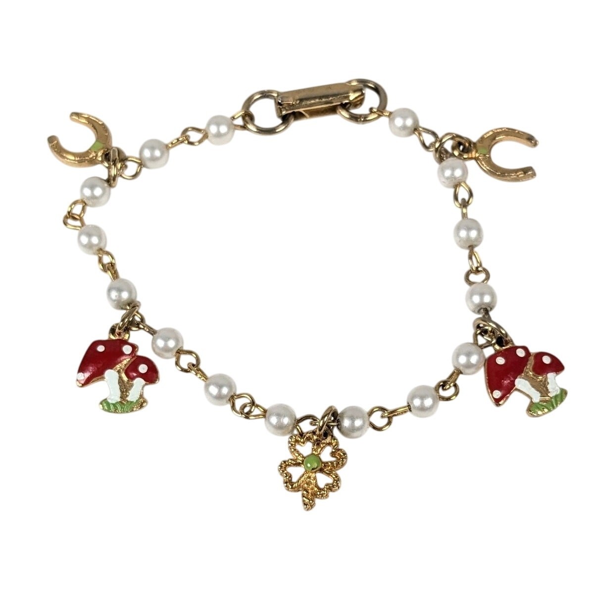 Vintage Mushroom Horseshoe Four Leaf Clover Enamel Lucky Charm Bracelet 6.5in