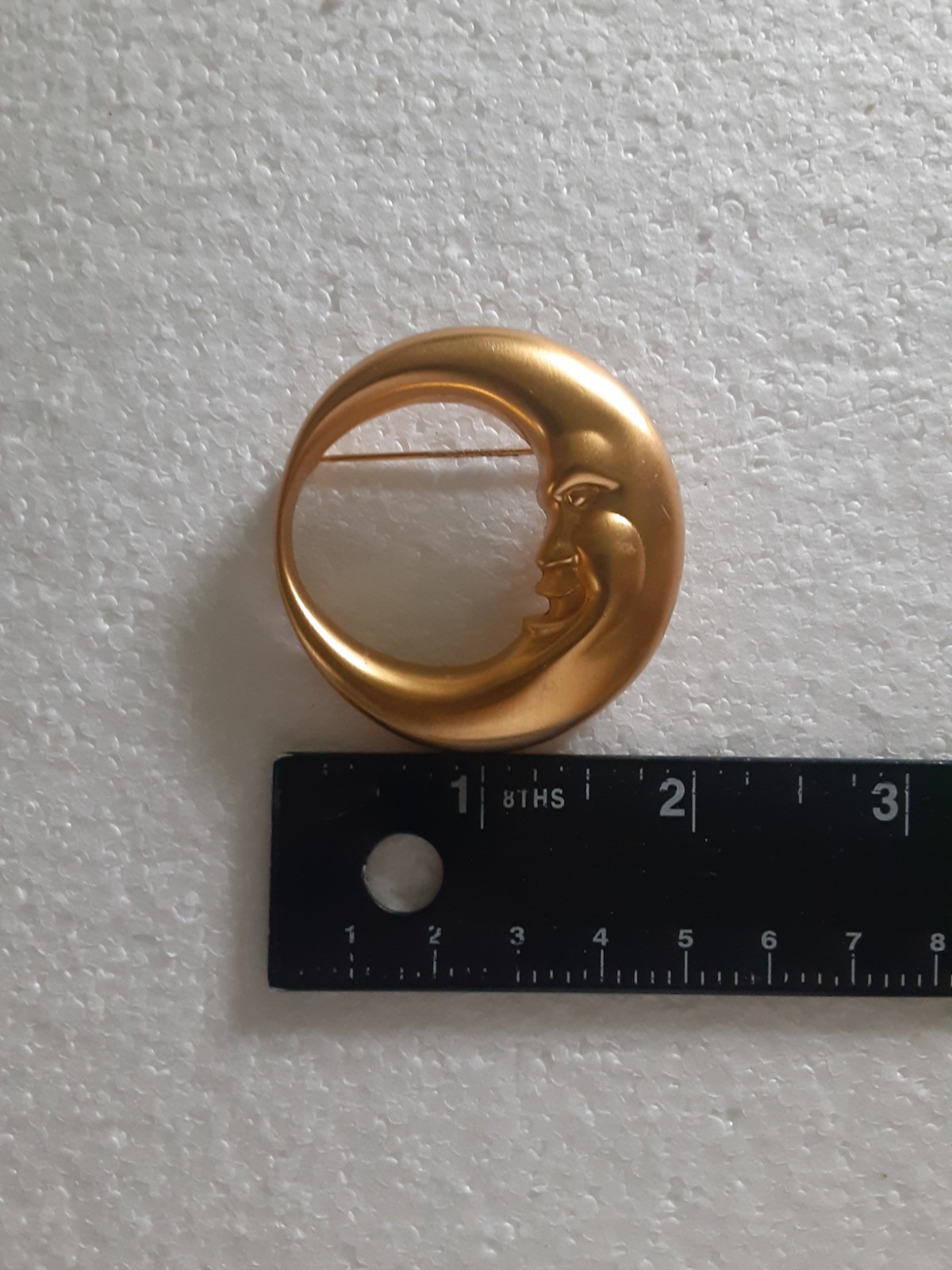 Vintage Crescent Moon Face Goldtone Brooch