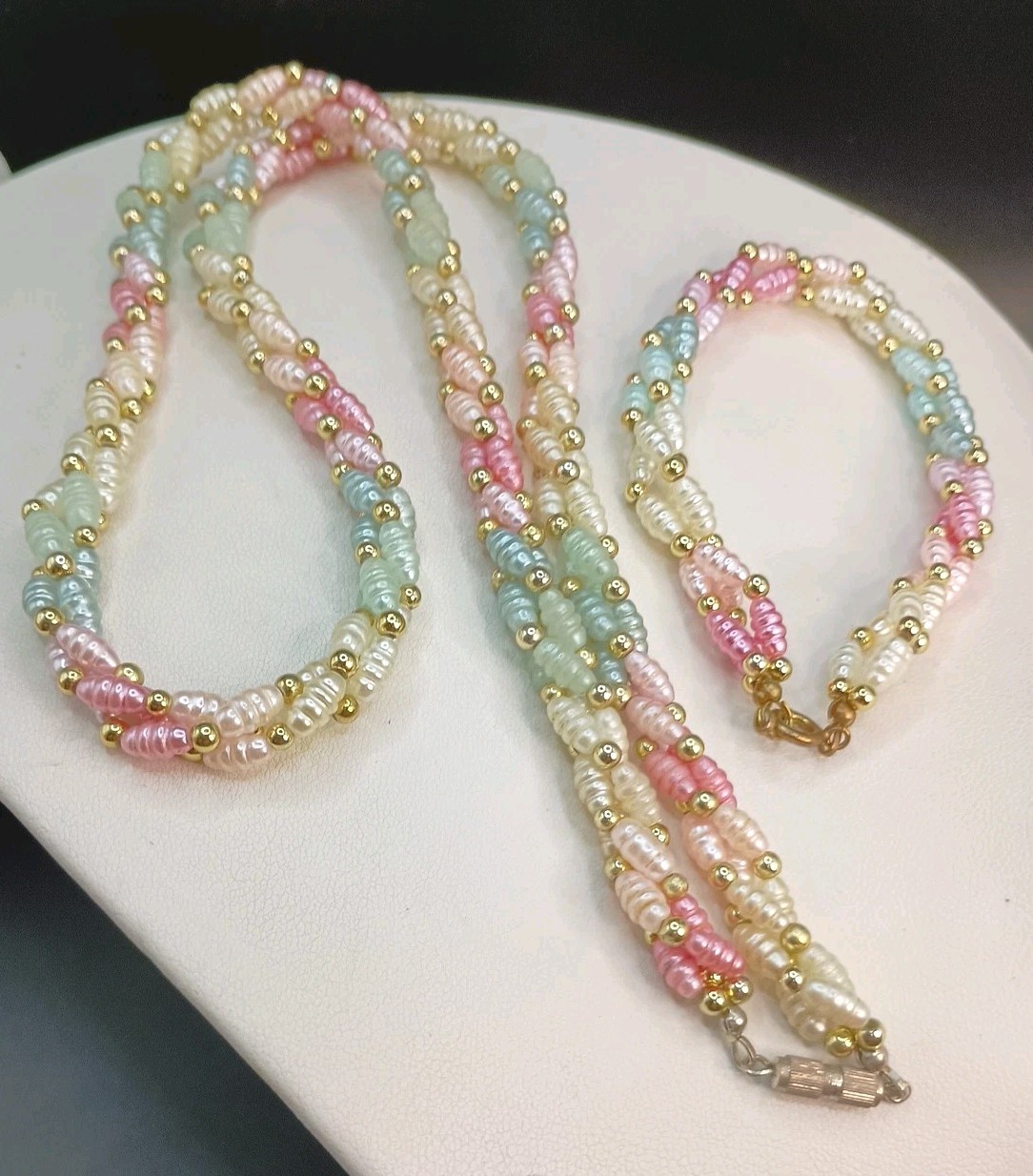 Vintage Pastel Torsade Necklace Bracelet Set Braided Faux Seed Pearl Spring