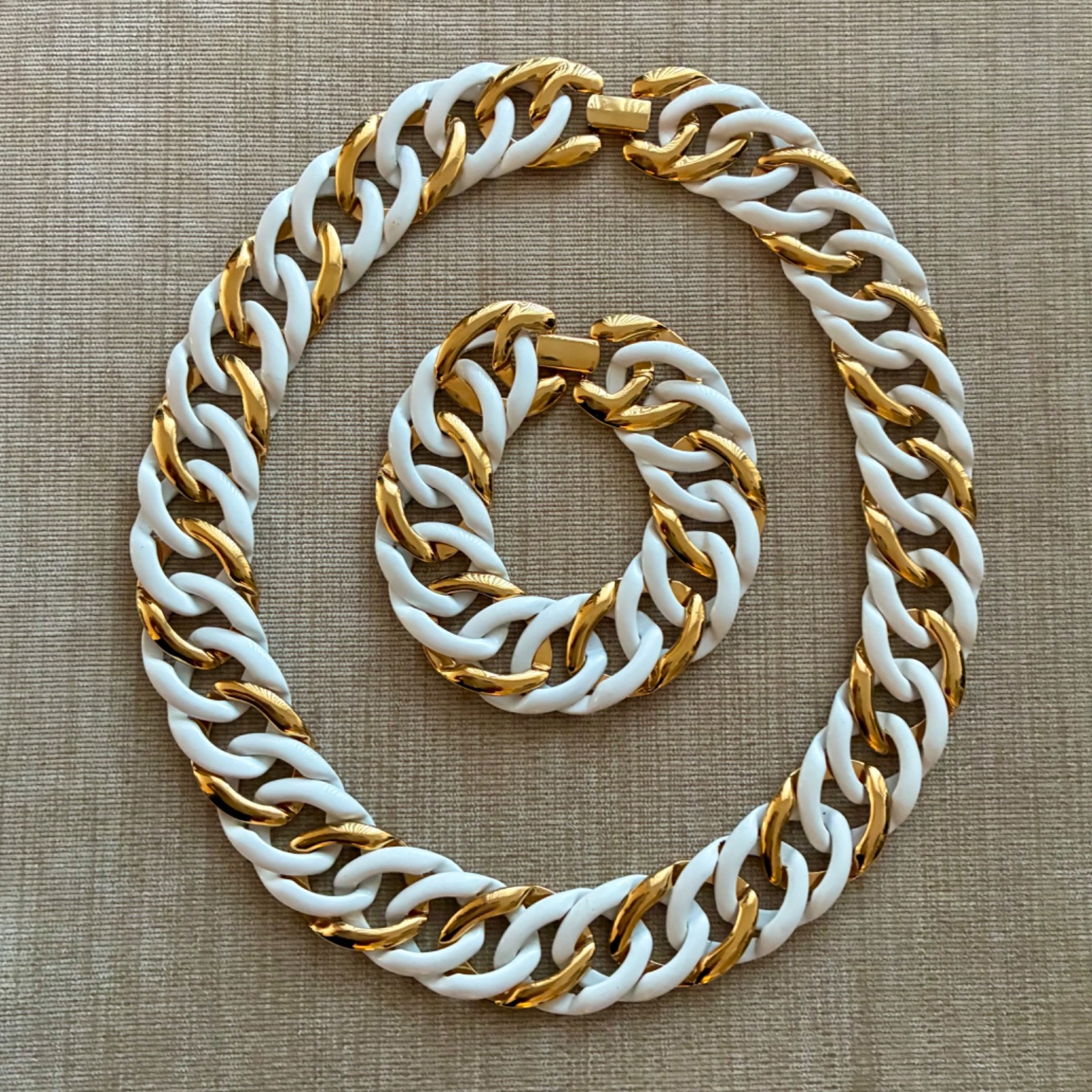 Napier Necklace Bracelet Set White Enamel & Gold Plated Chain Link Statement