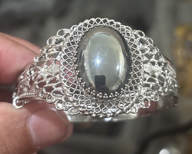 Vintage Whiting Davis Hematite Silver Tone Ornate Hinged Cuff Bracelet