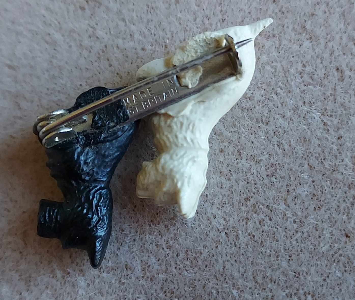 Scottie Dog Pin Black & White Celluloid Great Britain Signed 2 Dogs Vintage