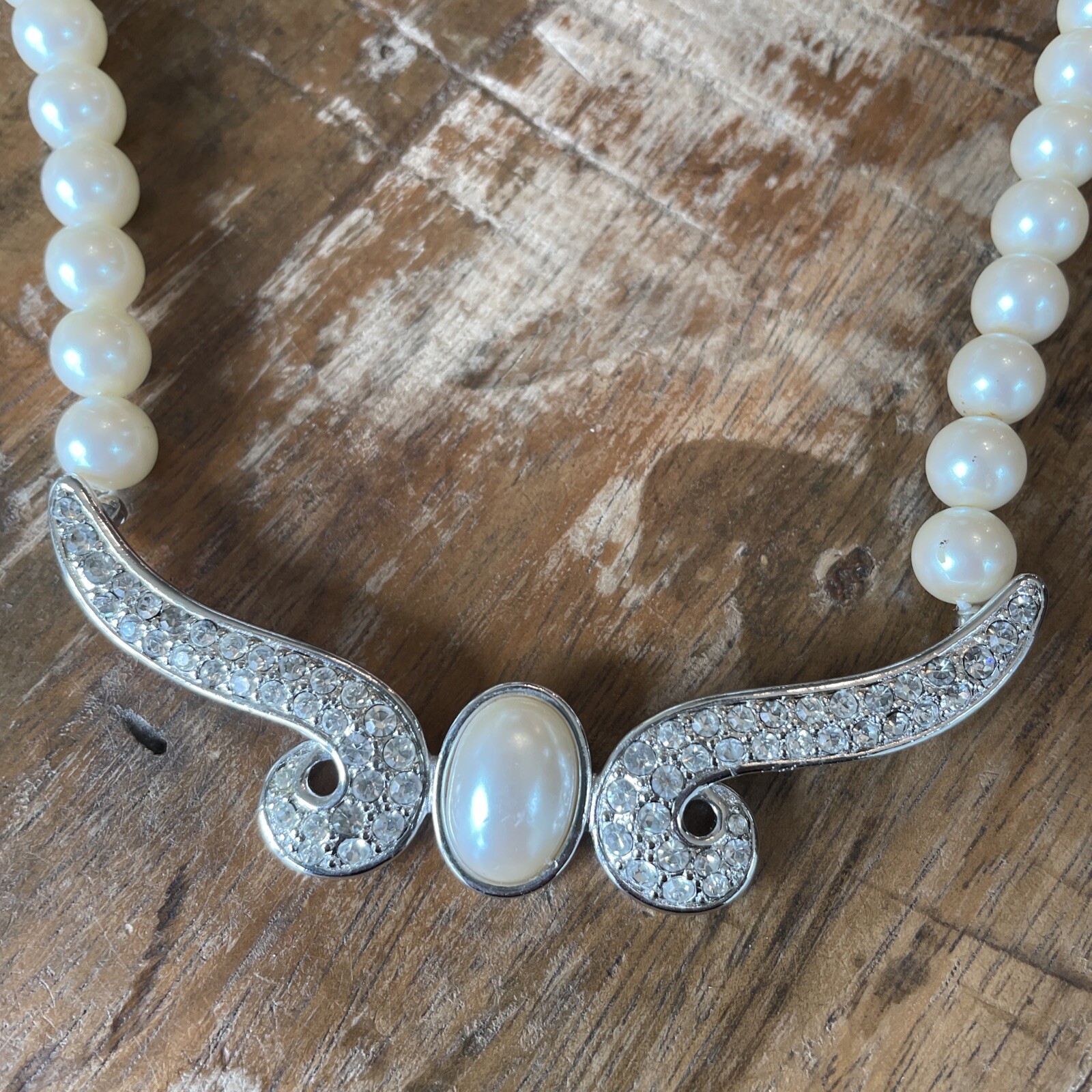 VTG Classic MONET Silver tone Necklace Choker faux pearl & rhinestones Wedding