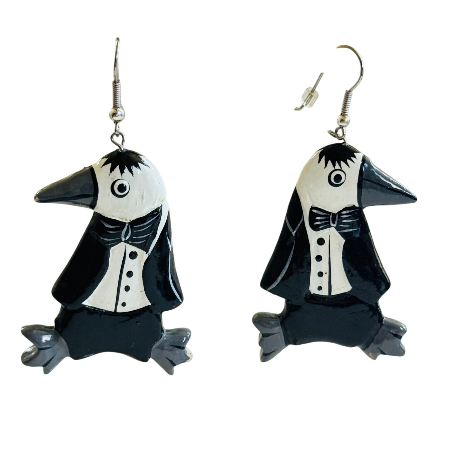 VTG Tuxedo Penguin Wood Earrings statement dangle Pierced Painted Chunky Figural