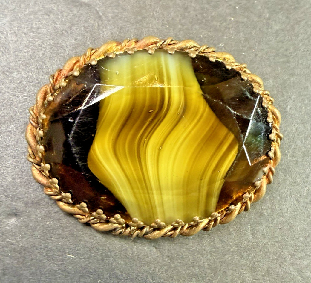 Signed WEST GERMANY Art Glass GREEN SLAG GLASS CABOCHON PIN VTG