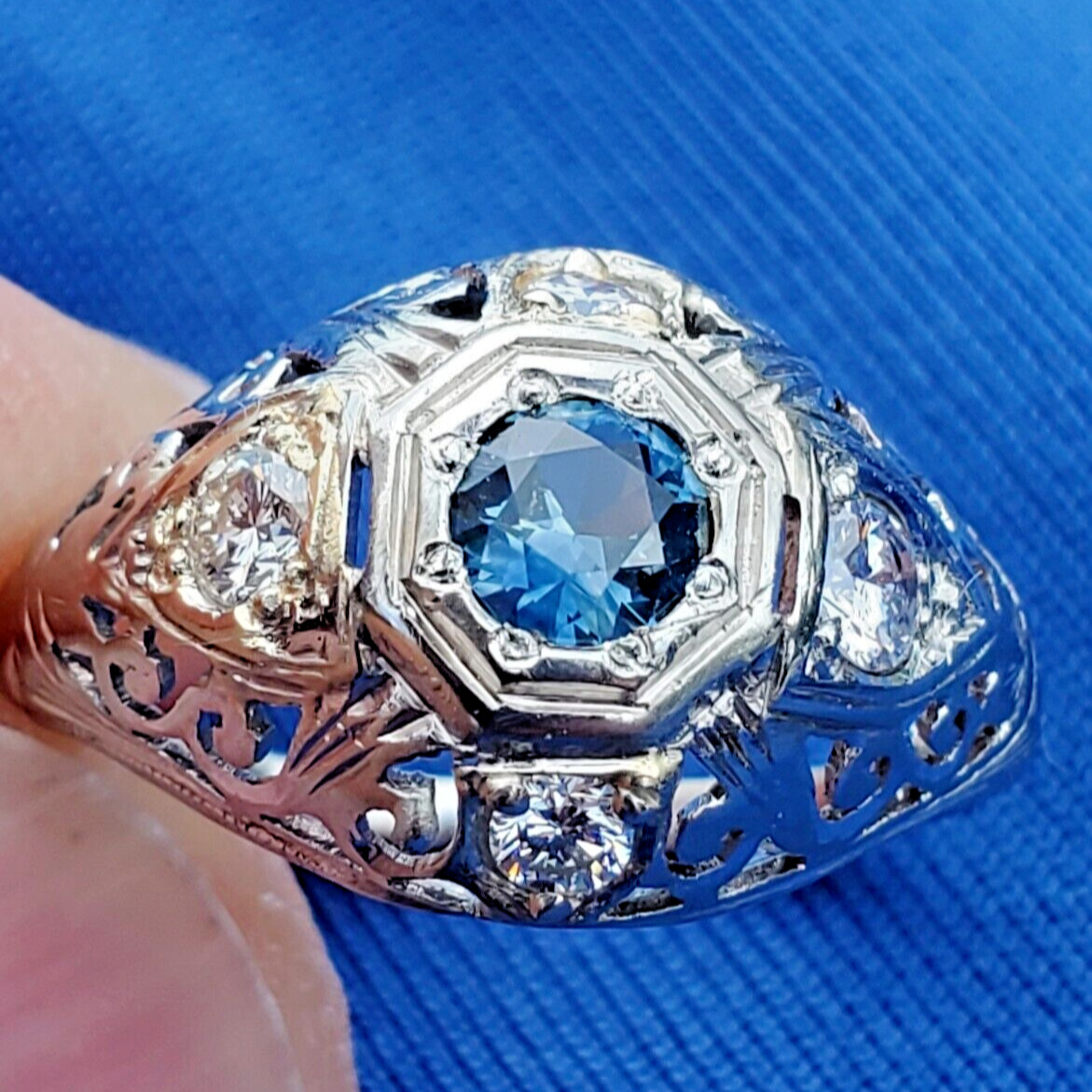Original EARTH MINED SAPPHIRE DIAMOND Deco Engagement Ring Vintage Solitaire 14K