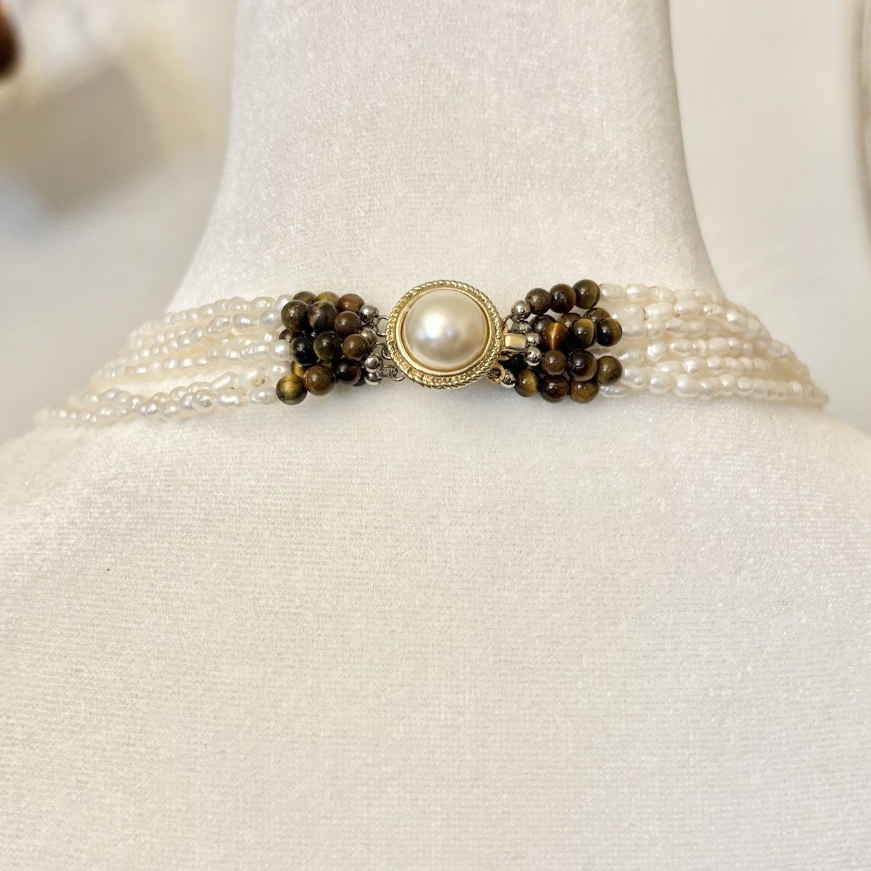 Vtg Multi-Strand Rice Pearl & Tiger’s Eye Necklace Bracelet Set Silver Clasp