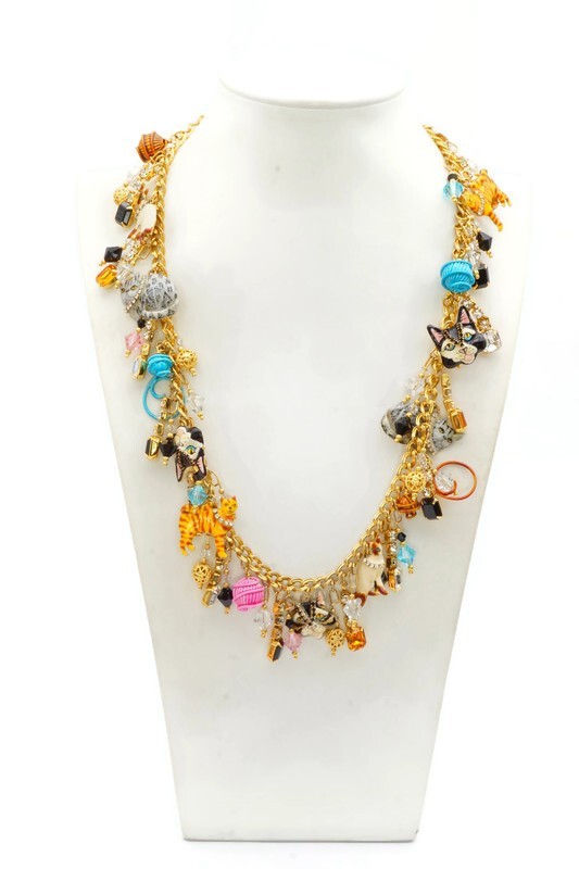 Vintage Lunch At The Ritz Necklace Gold Tone Kitty Cat Charm Rhinestone 22″