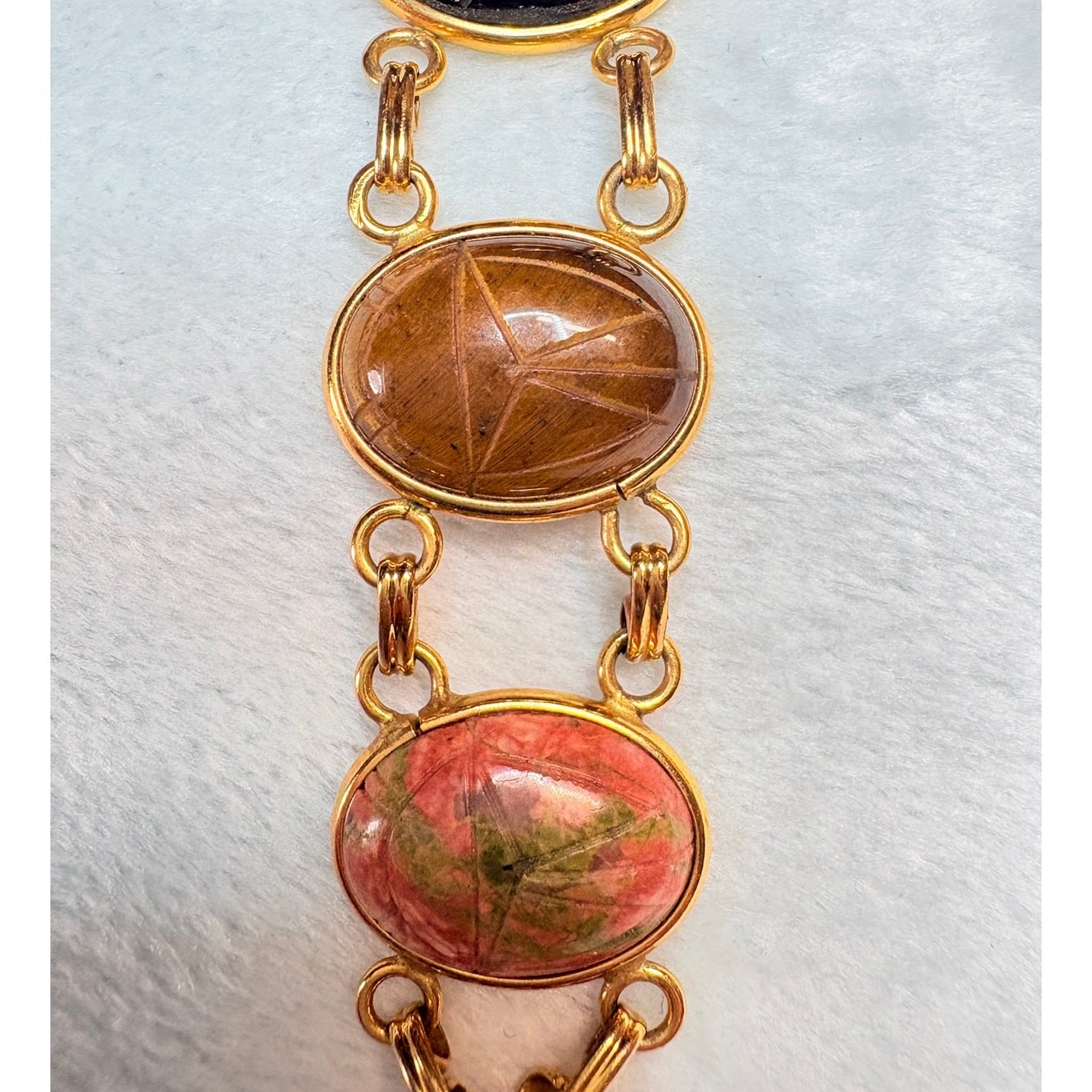 Vintage Hand‑Carved Natural Stone Scarab Bracelet, Egyptian Revival, Collectible