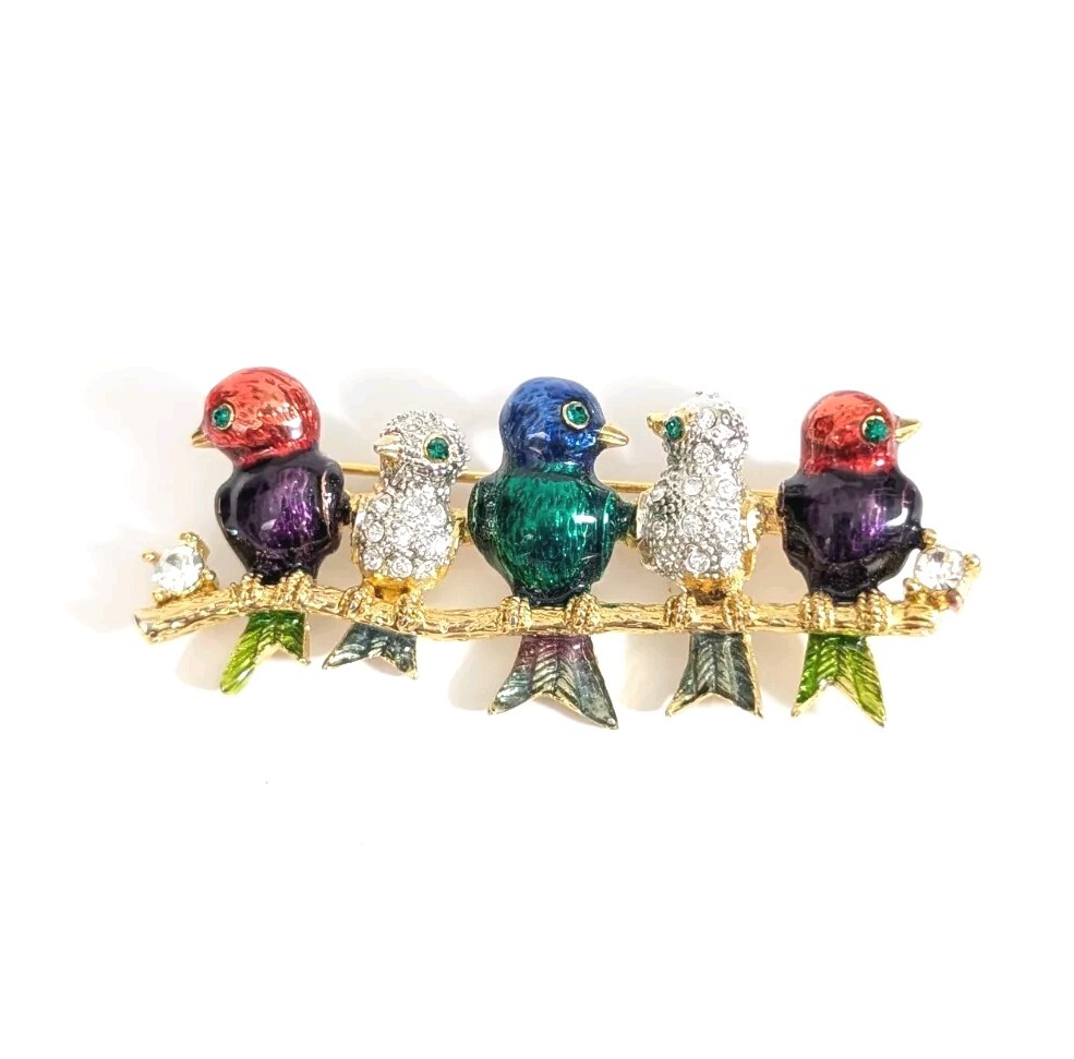 Birds On A Branch Rhinestone And Enamel Brooch Pin
