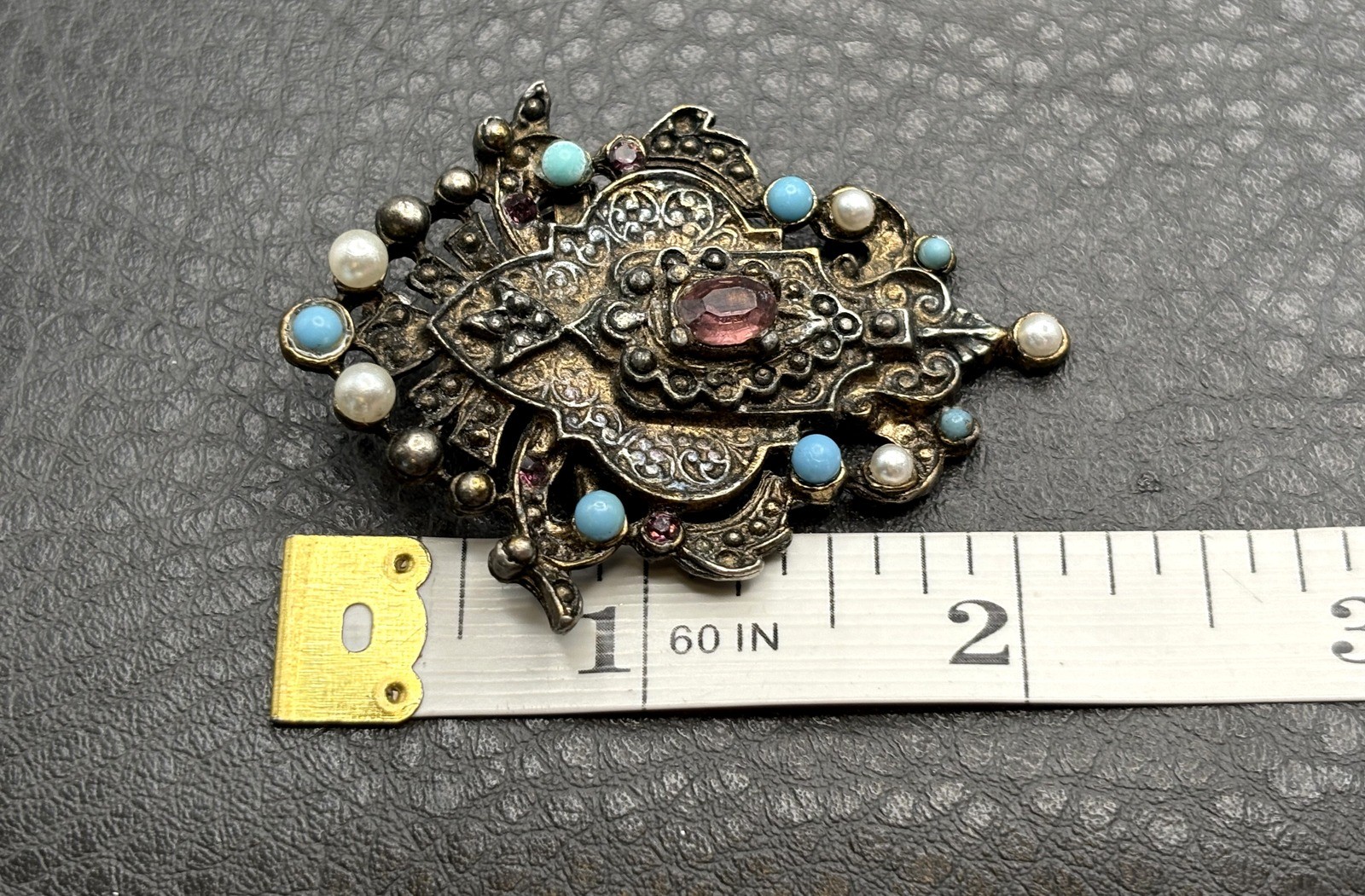 Vintage Etruscan Style Victorian Revival Brooch Faux Turquoise Rhinestone Ornate