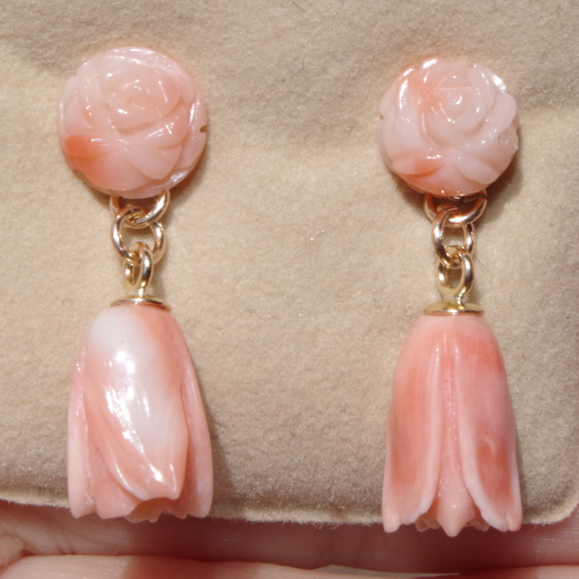 ANTIQUE 14K GOLD ANGEL SKIN CORAL CARVED ROSE STUD DROP EARRINGS Made To Order
