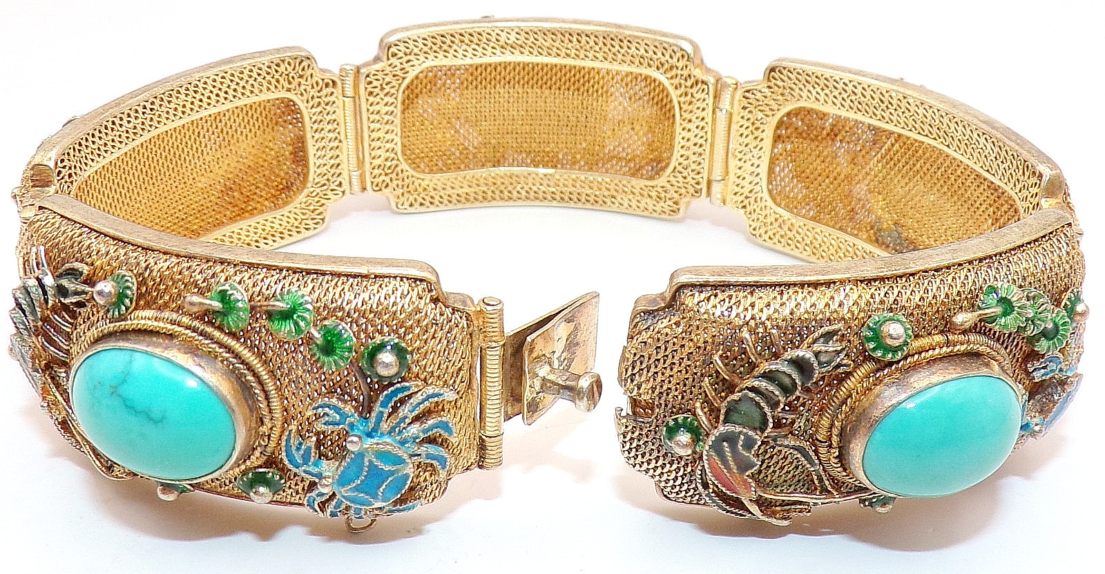 GORGEOUS CHINESE STERLING SILVER 5 Link FILIGREE ENAMEL CORAL Bracelet 7.5″ Long