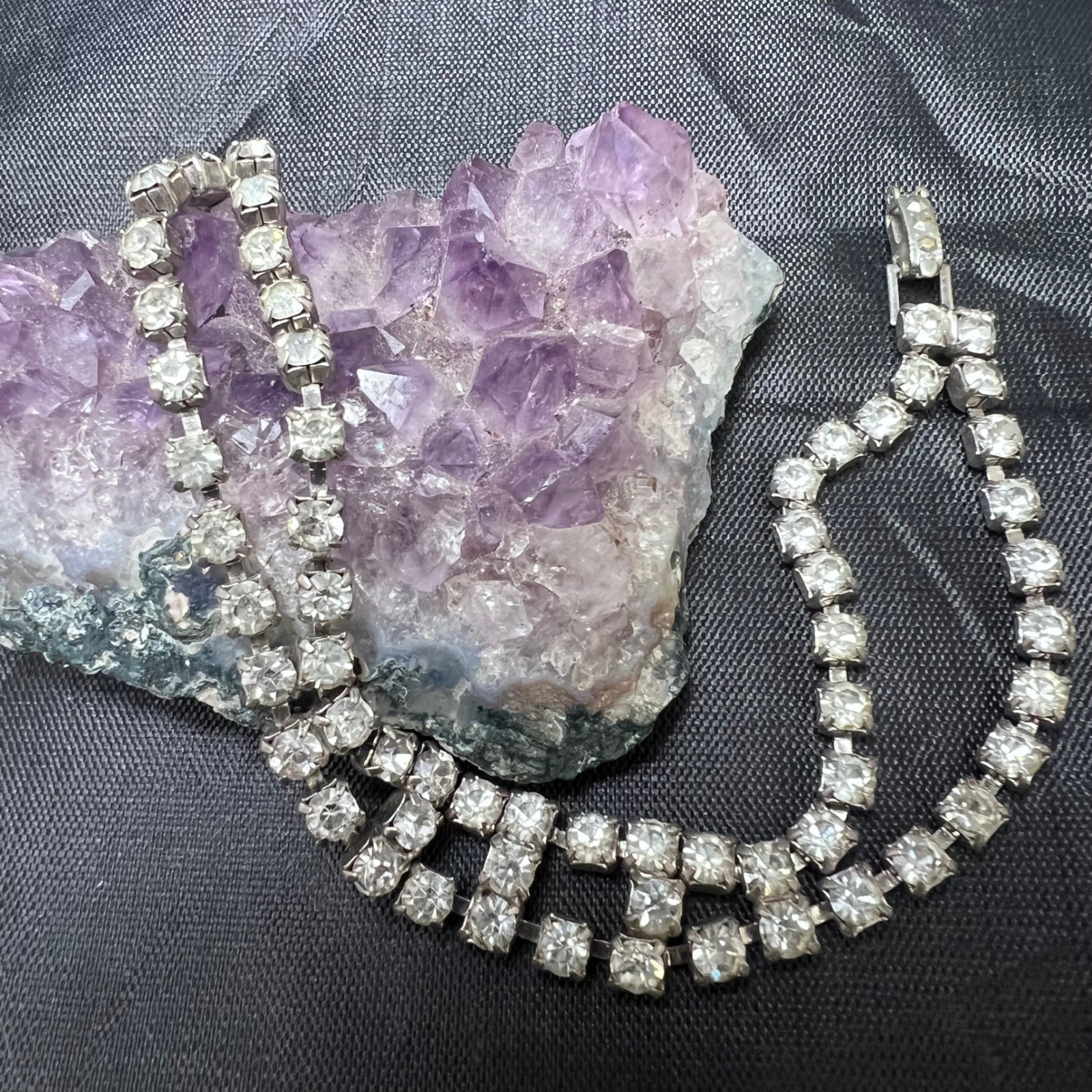 Vtg Rhinestone Bracelet Silver Tone Two Row Sparkling Bridal Formal Prom Glam