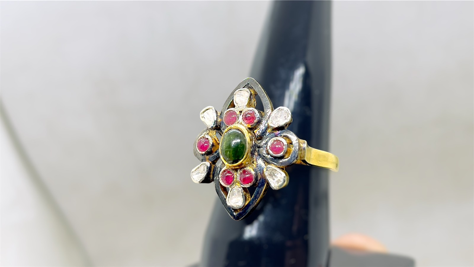 Natural Tourmaline Diamond Polki Ring, 925 Sterling Silver Victorian Jewelry