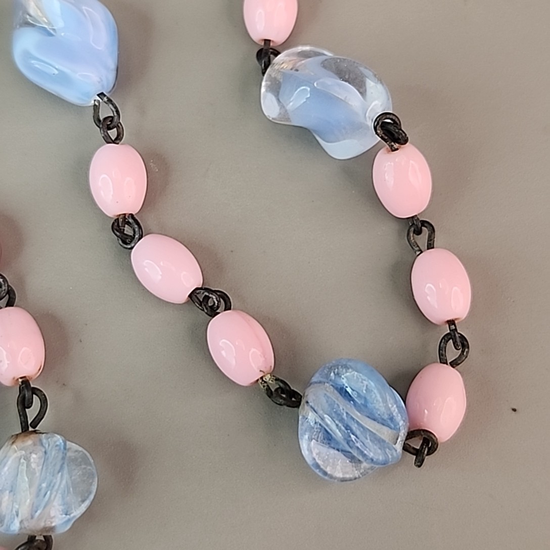 Vintage Art Deco Beaded Necklace Blue Givre Pink Milk Glass 59″ Long Flapper