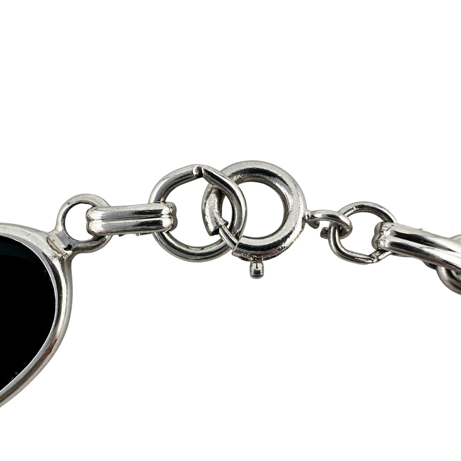 Vintage Black Glass Cabochon Bezel Set Silver Tone Tennis 6.5” Bracelet