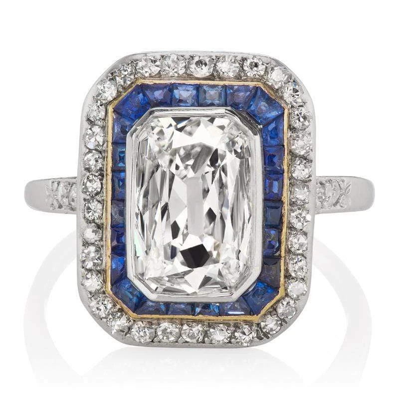 Art Deco Era Circa 1925s 1.69CT Old Mine Cut CZ & Blue Sapphire Double Halo Ring