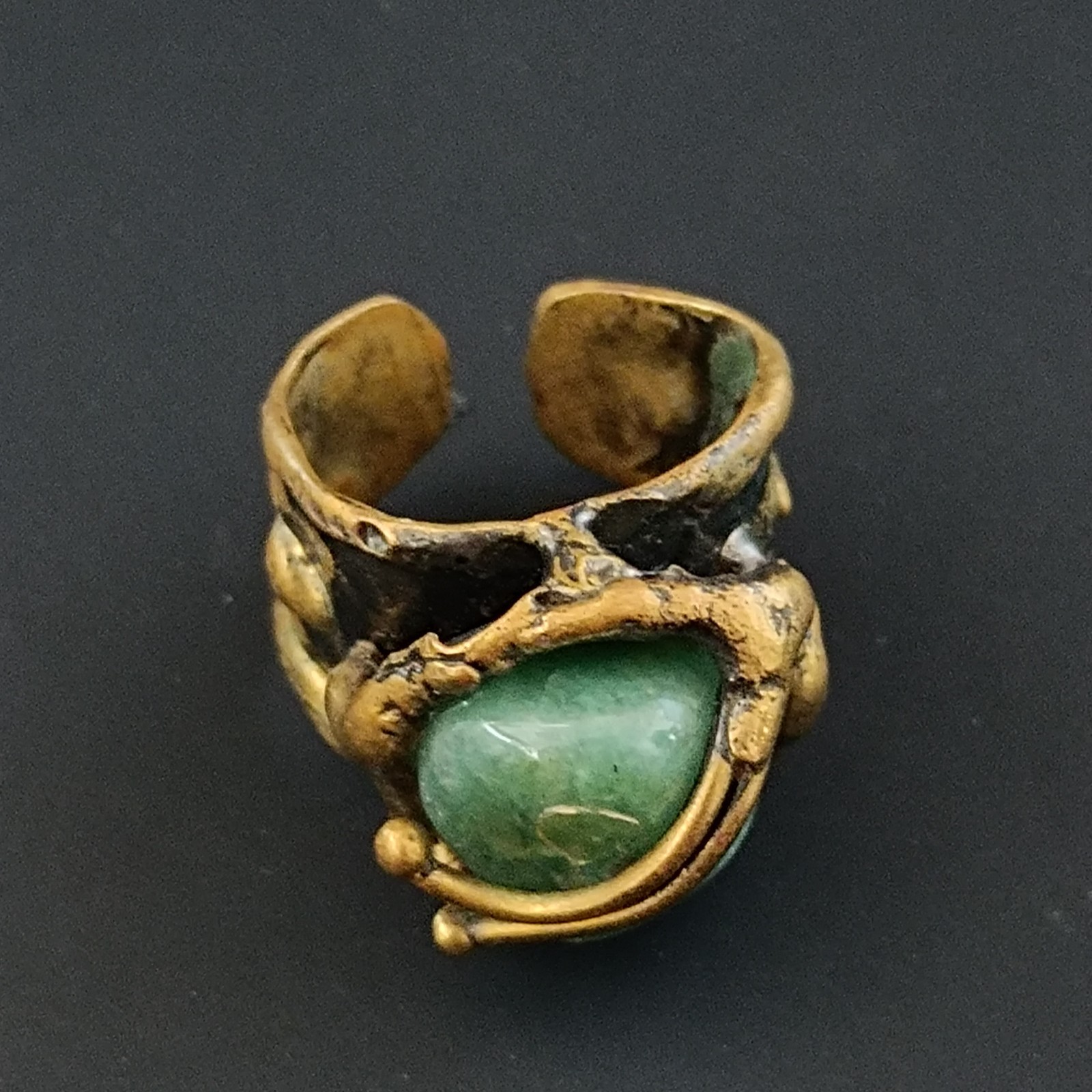 Brutalist Boho Ring Green Stone Organic Art Nouveau Revival Adjustable Statement