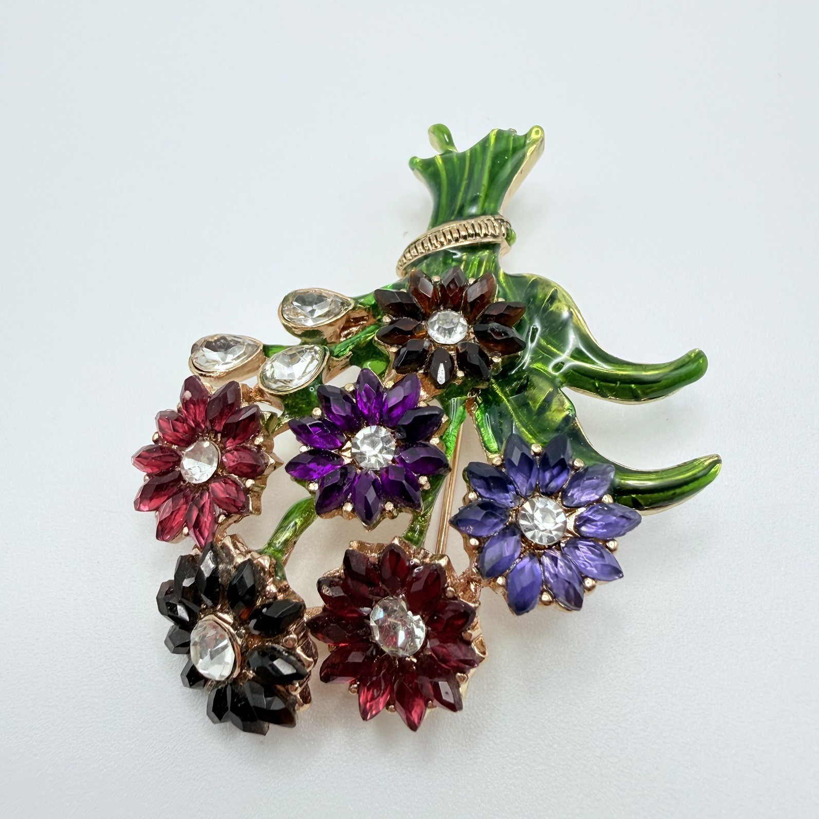 Napier Gold-Tone Enameled Colorful Bouqet Flowers Rhinestone Brooch Pin