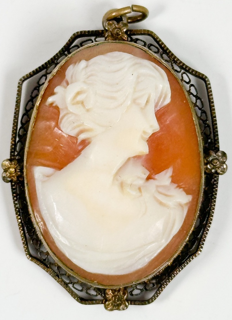 Vintage Costume Jewelry Last Cameo Orange Hand Carved Shell Gold Tone Pendant