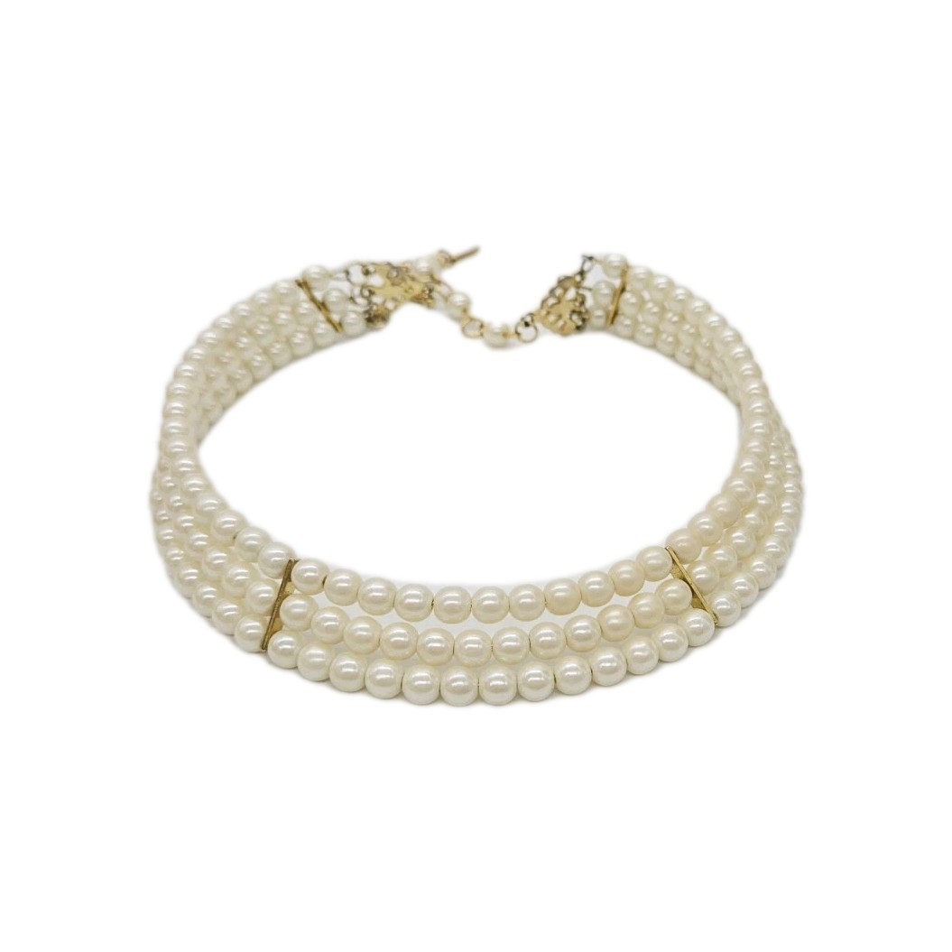 Faux Pearl Choker Necklace Three Row Gold tone Vintage Beaded Victorian