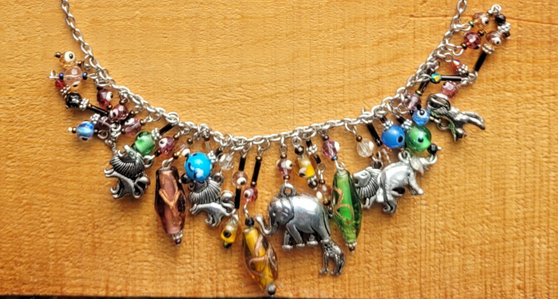 Charm Necklace Vintage K.I.S. Keep It Sensational Silvertone Animals Glass Beads